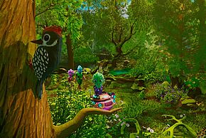 image d'extraterrestres marchant dans la forêt avec un oiseau sur un arbre au premier plan