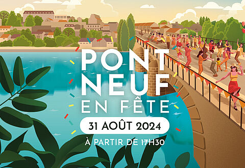 Affiche présentant le Pont-Neuf dessiné avec des personnes faisant la fête dessus