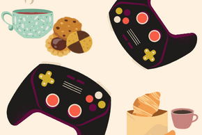 Illustration de manettes accompagnées de gâteaux et de boissons chaudes